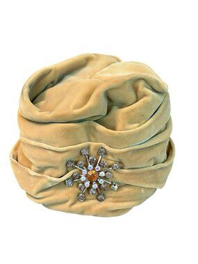 Vintage Union Made Felt Turban Hat Mustard Yellow Rhinestone Brooch 1950's READ